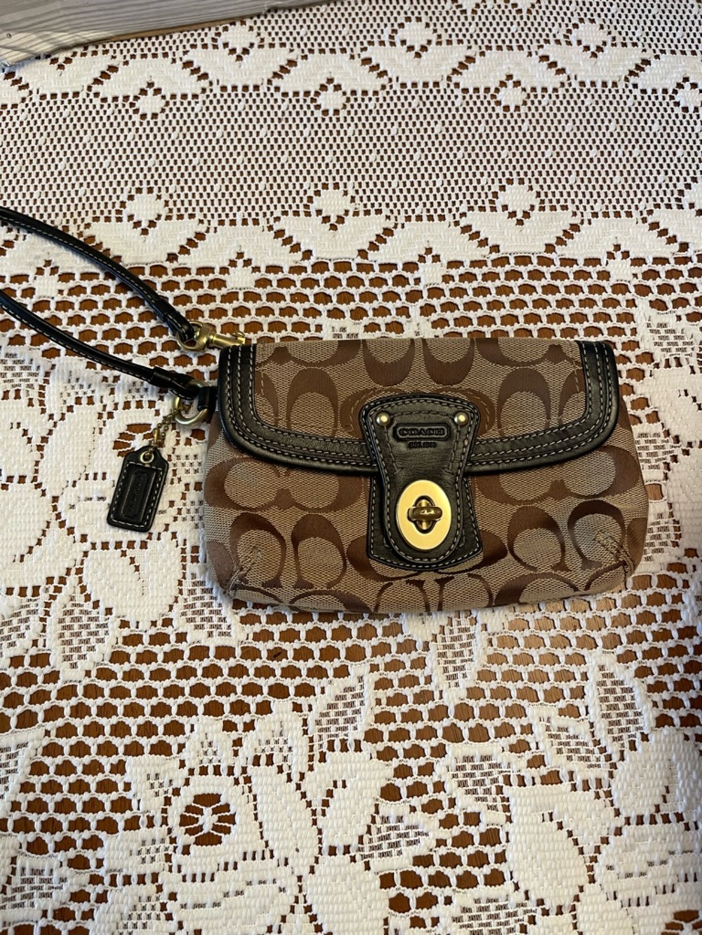 Coach Brown Tan Signature Canvas Turnlock Wristlet